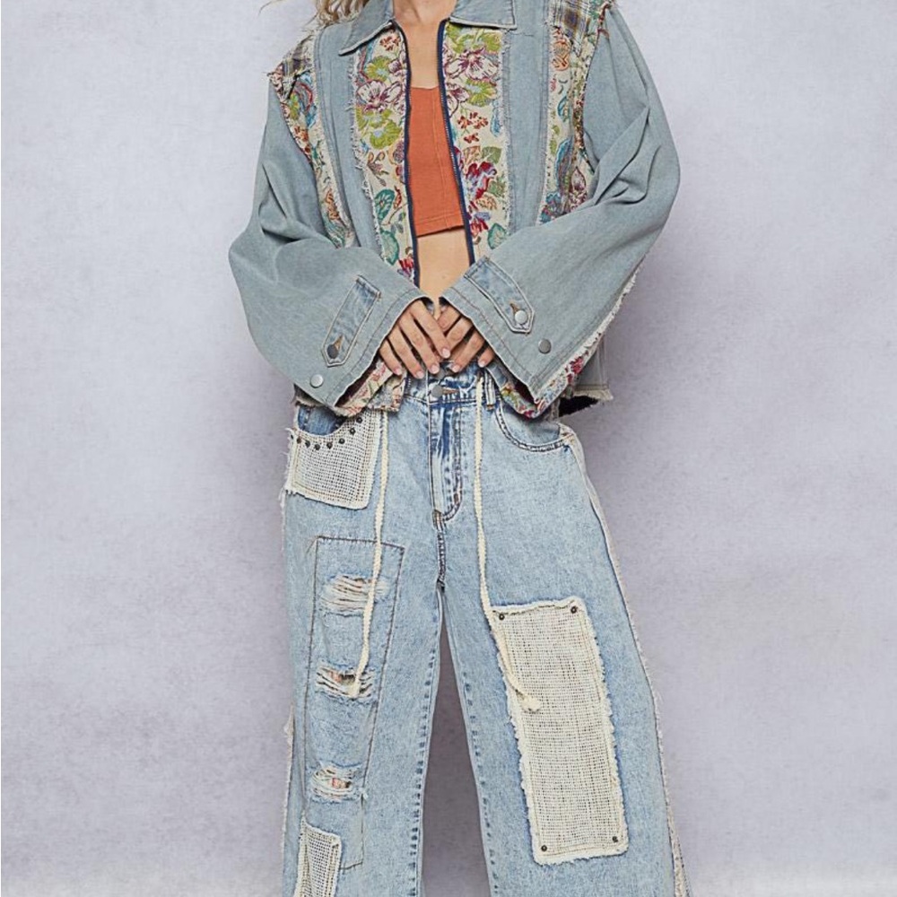 POL New Bell Sleeve Patchwork Denim Jacket Size Large - Picture 8 of 8